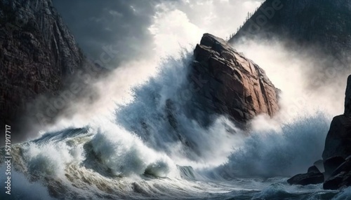  a large wave crashing over a rocky cliff in the ocean. generative ai