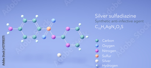 silver sulfadiazine molecule, molecular structures, Synthetic anti-infective agent, 3d model, Structural Chemical Formula and Atoms with Color Coding photo