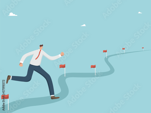Workflow, project progress, achievement tracking, work experience or roadmap concept, progress or path to success or goal, businessman running workflow line with achievement flag milestones.