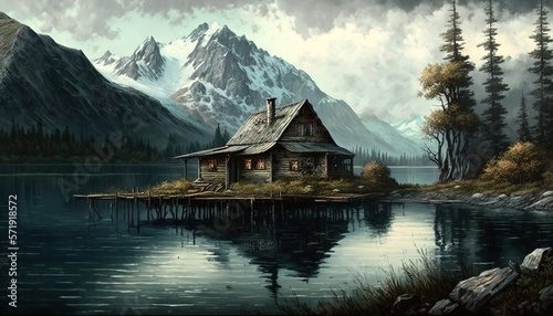  a painting of a cabin on a lake with mountains in the background. generative ai