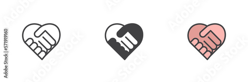 Heart shape handshake different style icon set