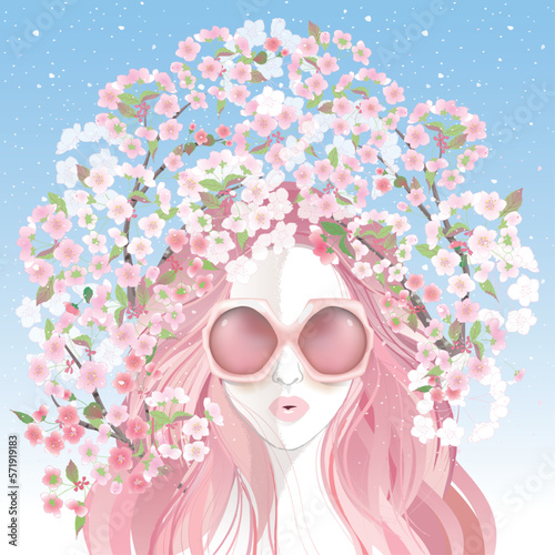 Fototapeta Naklejka Na Ścianę i Meble -  Vector illustration of a girl wearing sunglasses and decorating the hair with flowers in spring. Design for invitation card, picture frame, poster, scrapbook	