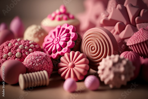 Different pink sweets, confectionery and pastry products. AI generated image.