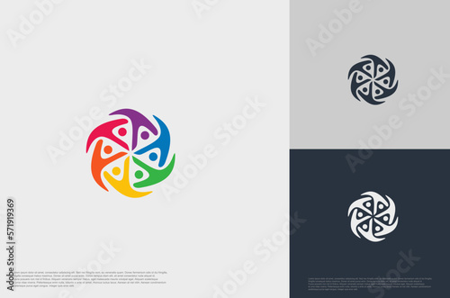 abstract global crown people colorful logo minimalist style illustration. Teamwork symbol.