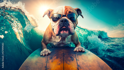 Dog with sunglasses on vacation on top of a surfboard on the paradise beach. illustration of bullgog dog enjoying the beach and the sea in a nice way © Pixel_Studio_8