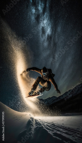 Snowborder sportsmen jumping mid-air on winter snow slope. Beautiful luminiscent light and starry night sky. Abstract extreme sport vertical splash screen. AI generative image. photo