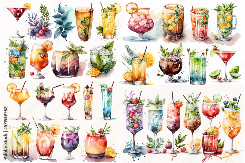 Watercolor illustration of drinks and cocktails collection on white background - AI generative - obrazy, fototapety, plakaty 