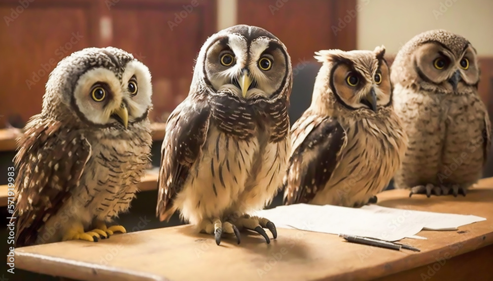 Obraz premium group of owls reading book and learning in class, wisdom and knowledge concept, Generative AI