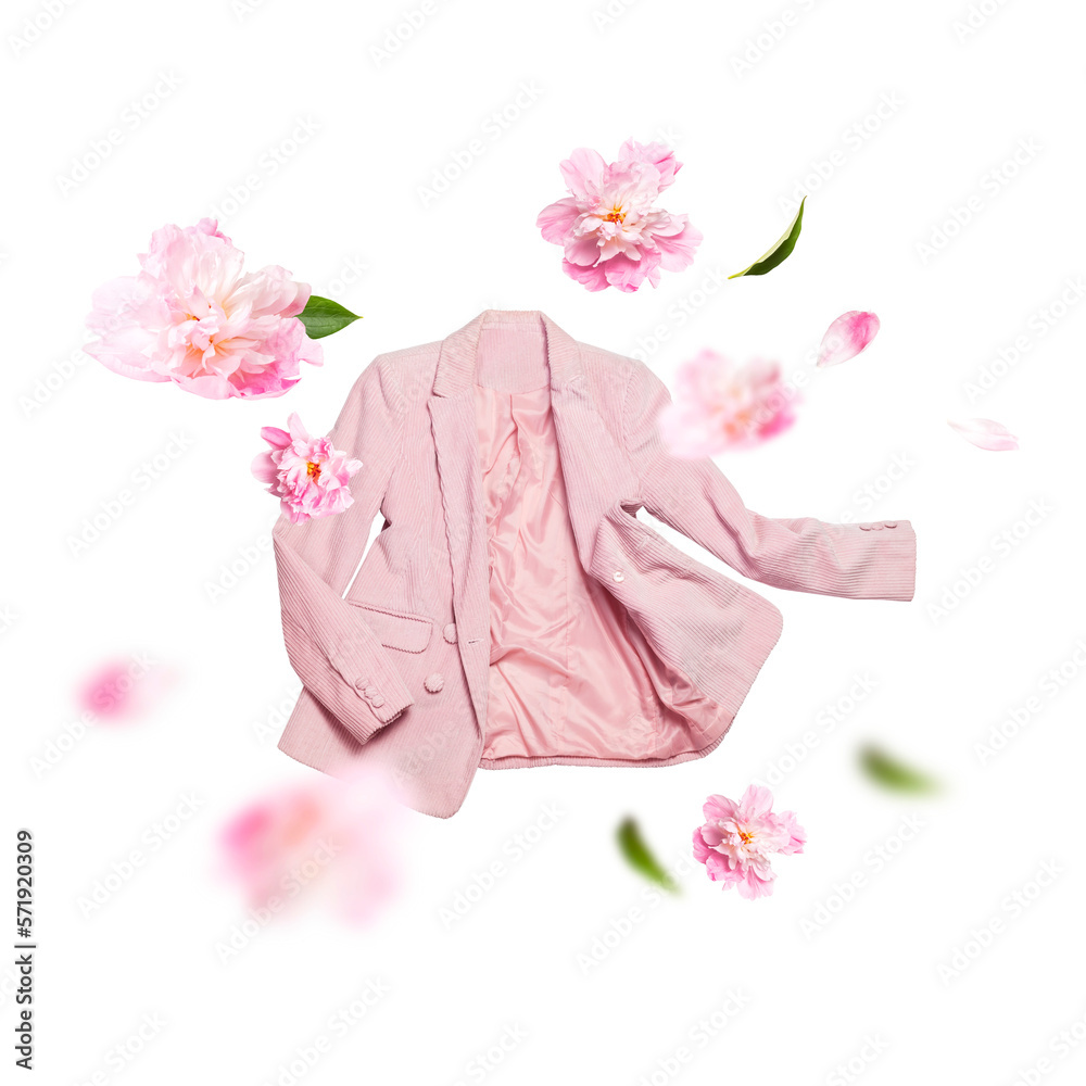 Creative Spring clothing mockup. Womens fashionable flying pink blazer and delicate flowers peonies isolated on white background. With clipping path. Female fashion, Sale, springtime discounts