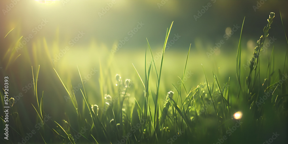 Green grass in the field with sunbeams. Blurred summer background, Generative AI.