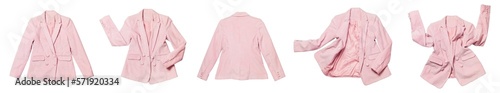 Spring clothes mockup. Womens pink blazer isolated on white background. With clipping path. Female fashion, clothing, stylish fabric cotton blazer. Collection of cut out Corduroy jacket