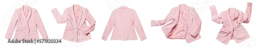 Spring clothes mockup. Womens pink blazer isolated on white background. With clipping path. Female fashion, clothing, stylish fabric cotton blazer. Collection of cut out Corduroy jacket photo