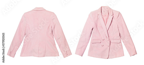 Spring clothes mockup. Womens pink blazer isolated on white background. With clipping path. Female fashion, clothing, stylish fabric cotton blazer. Collection of cut out Corduroy jacket