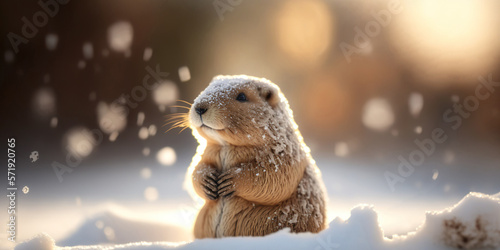 Groundhog day greeting card with copy space. AI generative image.
