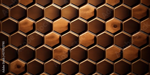 Hexagonal wooden tiles pattern  honeycomb shaped background made of timber. AI generative image.