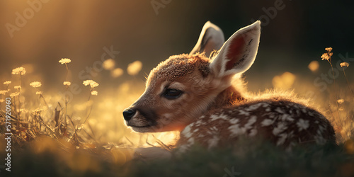 Adorable fawn lying down on a sunny lawn. Cute forest deer baby. Wild life illustration with copy space. AI generative image. photo
