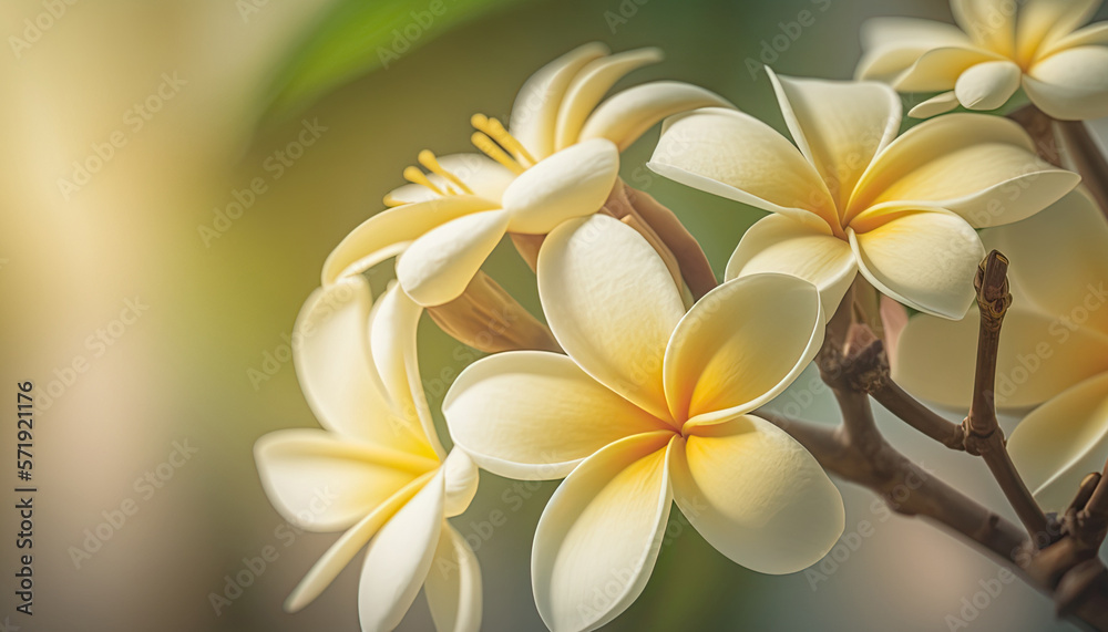 Fototapeta premium Beautiful closeup plumeria flowers. Floral border on horizontal banner with copy space. AI generative image.