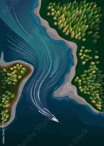 Boat on the river and forest in a summer nature landscape from top. Vector illustration