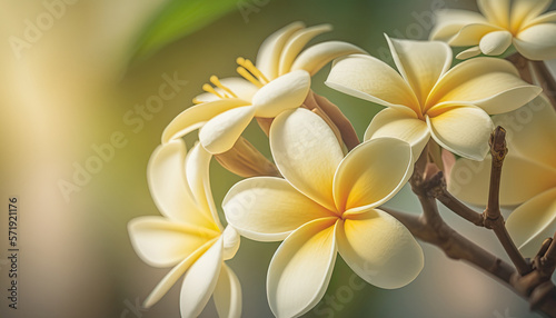 Beautiful closeup plumeria flowers. Floral border on horizontal banner with copy space. AI generative image.