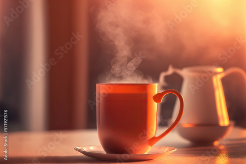 Cozy still life in red colors with cup of hot beverage. AI generative picture.