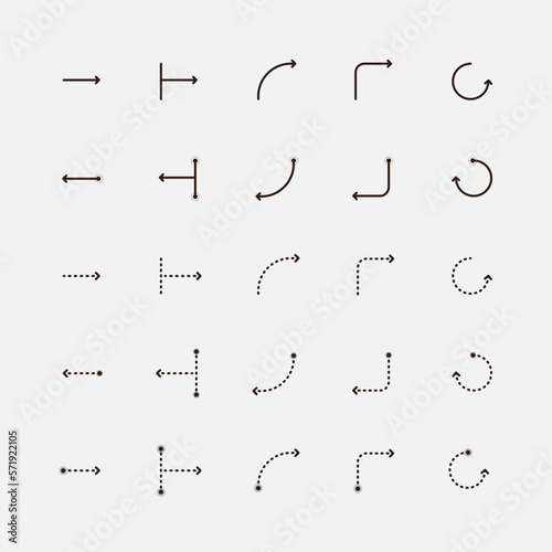 Arrows vector icon set. Rounded thin and light minimalistic arrow design for your projects, check them out. Desktop and mobile app, UI, infographics, business plan, education. Vector illustration.