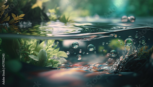 Beautiful spring detailed close up stream of fresh water with young green plants. Horizontal banner, springtime concept. Abstract outdoor wild nature background. AI generative image.