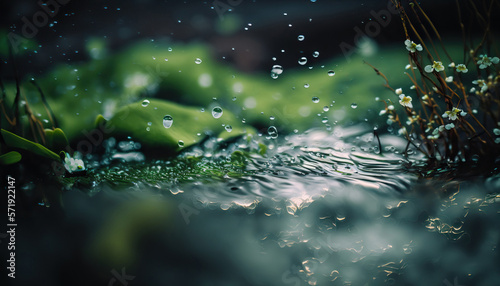 Beautiful spring detailed close up stream of fresh water with young green plants. Horizontal banner, springtime concept. Abstract outdoor wild nature background. AI generative image. #571922147