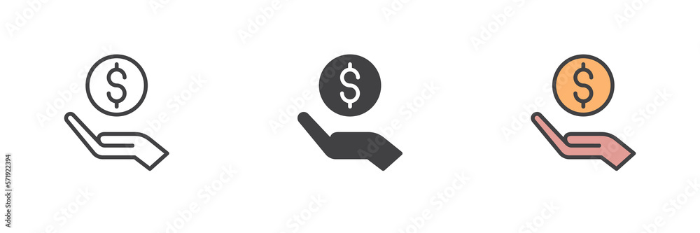 Hand and dollar coin different style icon set Hand and dollar coin different style icon set