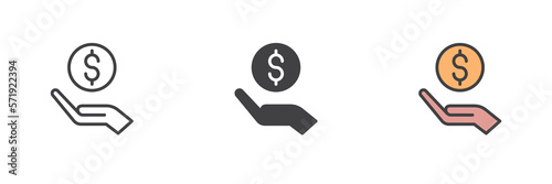 Hand and dollar coin different style icon set