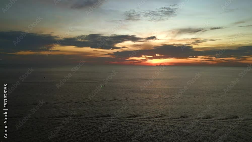 Golden hour sunset, high above water. Fantastic aerial view flight drone Golden hour sunset, high above water. Fantastic aerial view flight drone