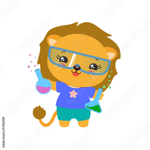 School student animal. Little lion holding test bottles. Science school subject vector. Elementary education cartoon lion kid. Educational clipart. Making chemical experiment.