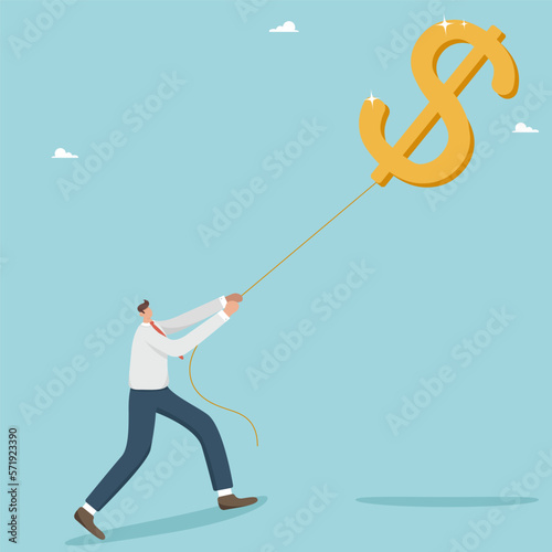 Achieving financial goals or an investor in search of profit and return on investment, a successful businessman pulling a dollar balloon. Opportunity to receive a large salary, income or profit.