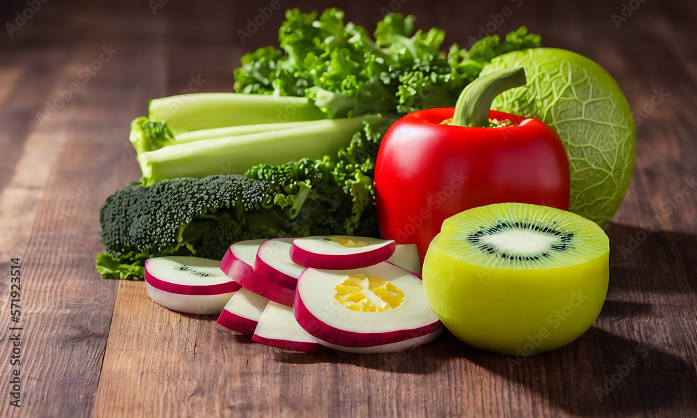 Generative AI creation of Healthy food selection fruit, vegetable, superfood, leaf vegetable on top of wooden table at outdoor background Generative AI creation of Healthy food selection fruit, vegetable, superfood, leaf vegetable on top of wooden table at outdoor background