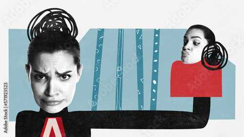 Contemporary art collage. Woman with her second head in hand. Alter ego concept. Concepts of inner world, psycholody, addiction, emotions, diversity. Poster
