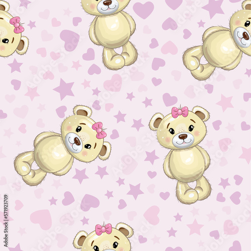 Seamless cute Teddy  bear girl pattern. Cartoon style. Vector illustration.