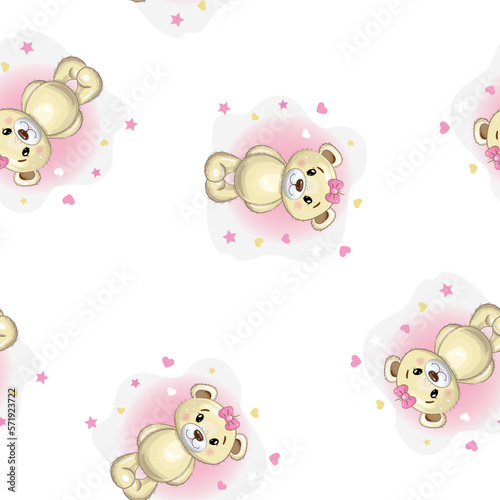 Seamless cute Teddy bear girl pattern. Cartoon style. Vector illustration.