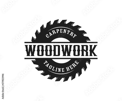 Woodworking logo design. Carpentry retro vintage logo. Sawmill and Saw logo design template