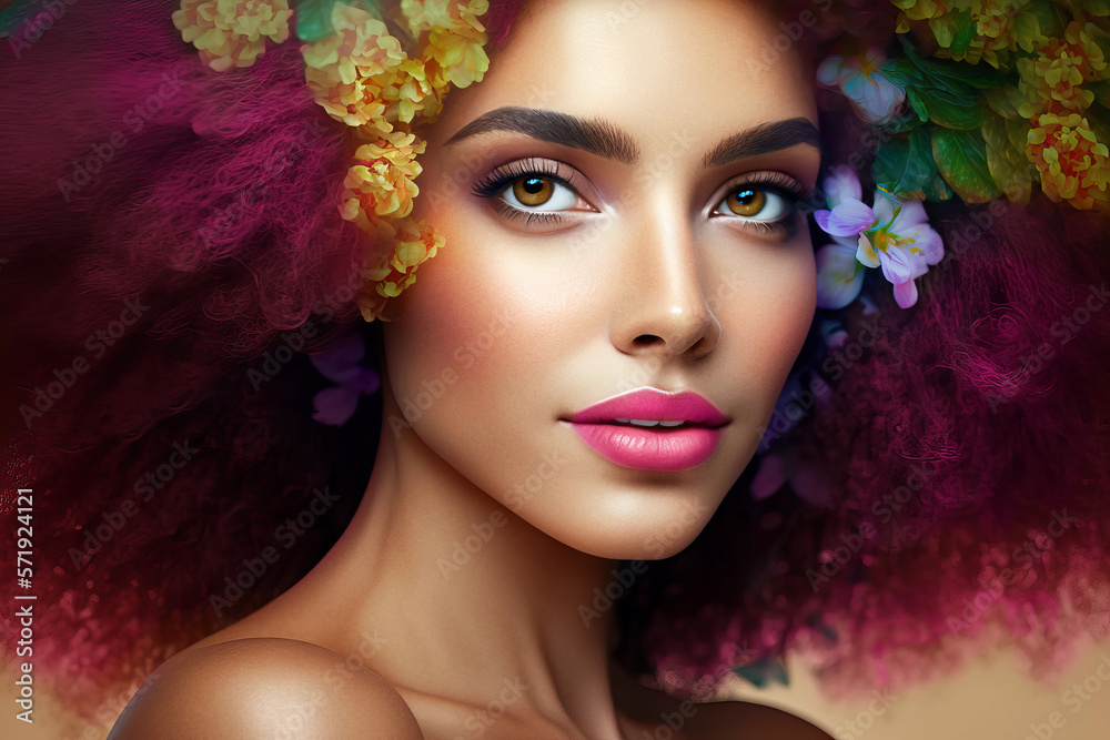 Beauty portrait of African American girl with afro hair.Hairstyle with flowers. Illustration Beautiful black woman. Generative Ai Beauty portrait of African American girl with afro hair.Hairstyle with flowers. Illustration Beautiful black woman. Generative Ai