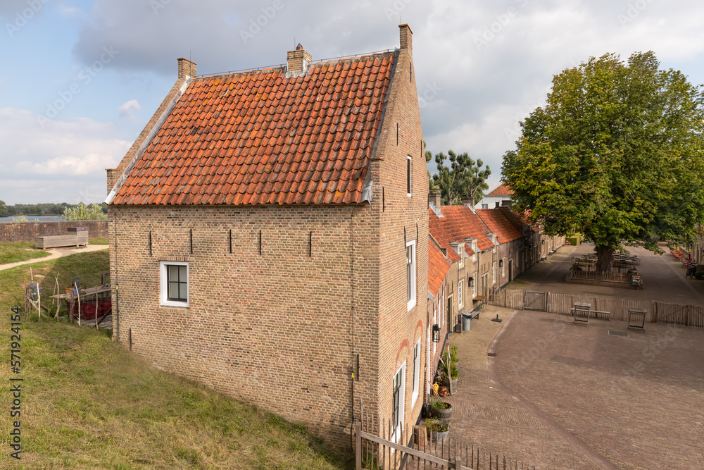 Outbuildings of the historic old fortress Loevestein along the river Maas near the Dutch village of Poederoijen.
