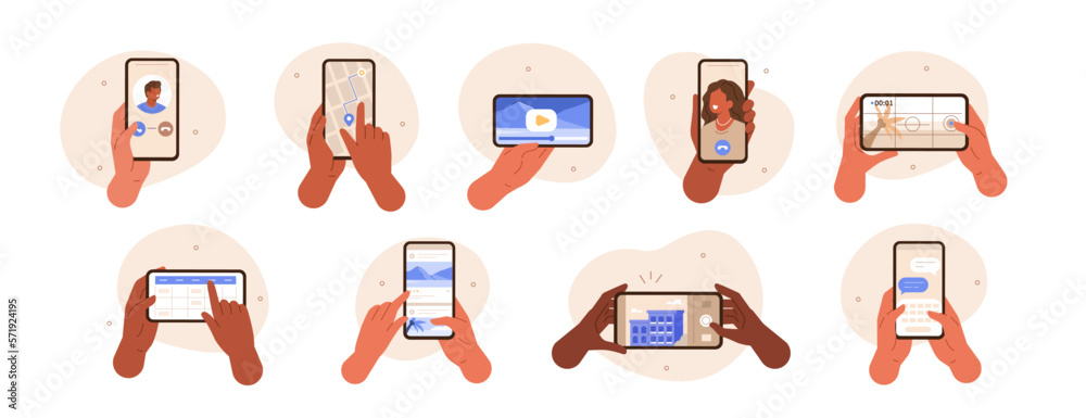 Hands gestures illustration set. Diverse people hands holding smartphones and using various apps like social media, chats and maps. Smartphone user activity concept. Vector illustration. - obrazy, fototapety, plakaty 