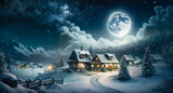 Peaceful Night Village in Winter Snow. Generative AI.