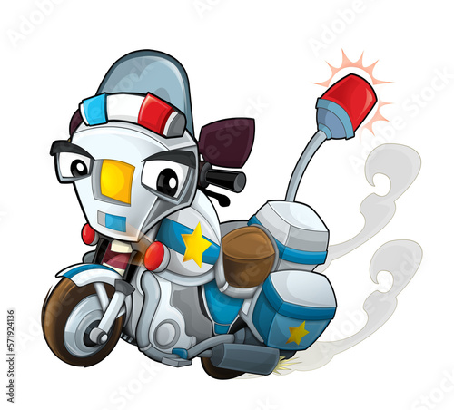 Cartoon motorcycle police policeman driving to the rescue illustration for children