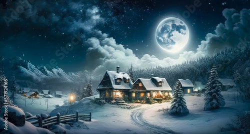 Peaceful Night Village in Winter Snow. Generative AI.