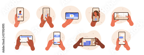 Hands gestures illustration set. Diverse people hands holding smartphones and using various apps like social media, chats and maps. Smartphone user activity concept. Vector illustration.