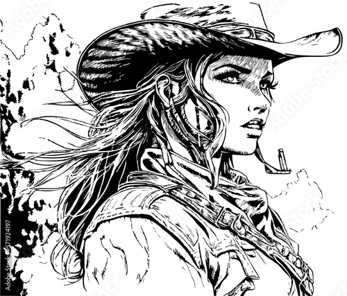 Woman with cowboy hat portrait, Vector Cowgirl drawn illustration isolated on white. Cute girl with western clothes