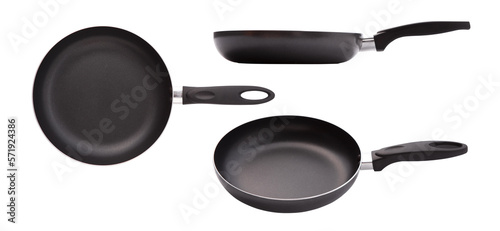 Set of different fry pans isolated on white background.