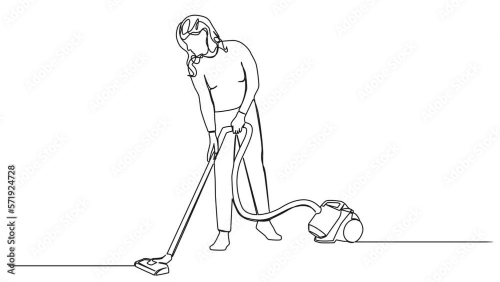 animated continuous single line drawing of woman using vacuum cleaner