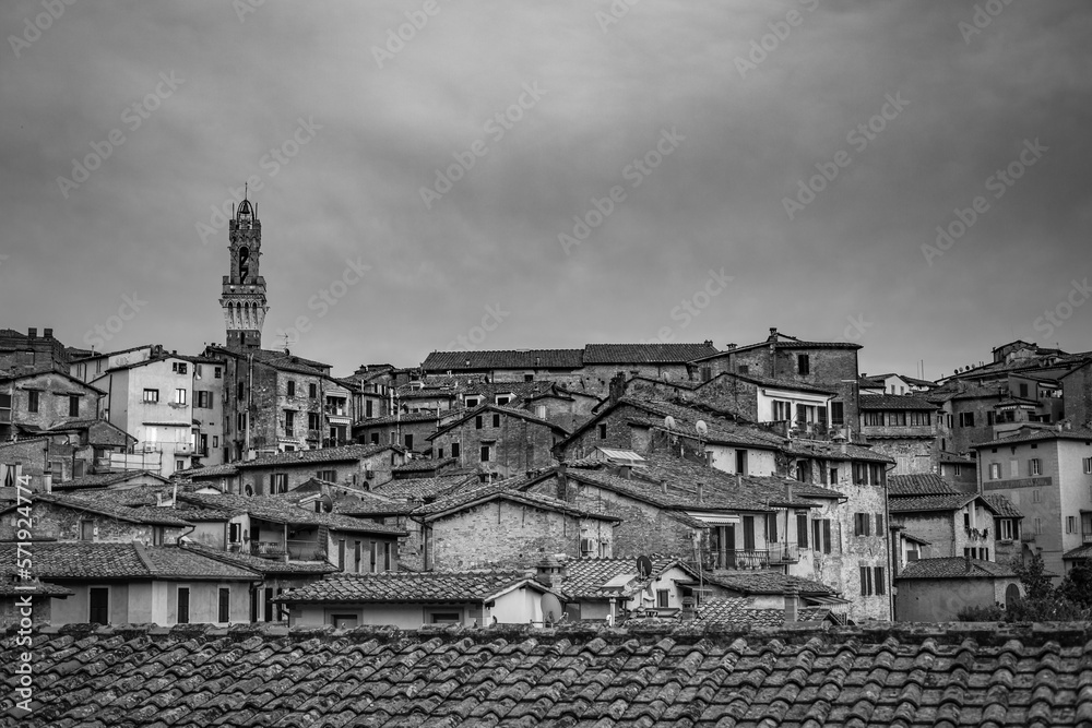 Black and white cityscape with buildings and roofs and the tower of Siena, Tuscany, Italy in the background. Moody sky. Autumn travel picture.