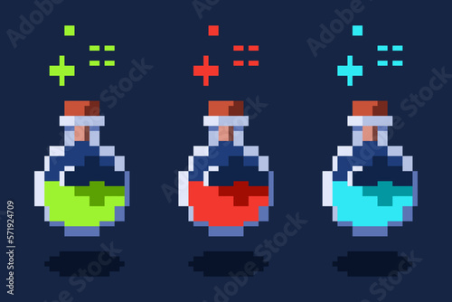 Potion spell game item pixel art style 3 variations, perfect for stickers and decorations