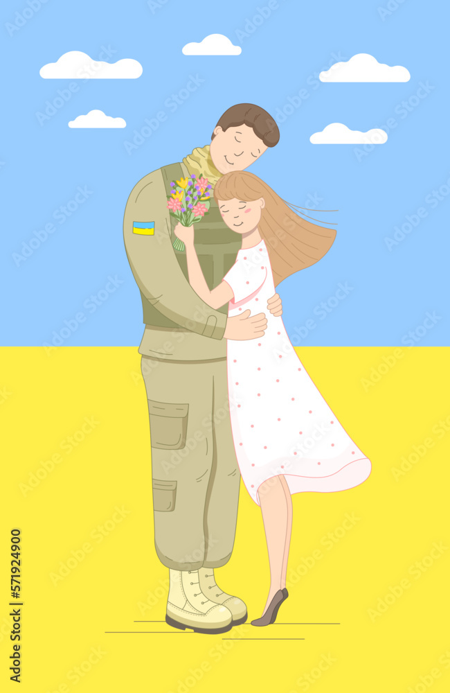 This illustration shows a wife, a bride, greeting a Ukrainian officer returning from war